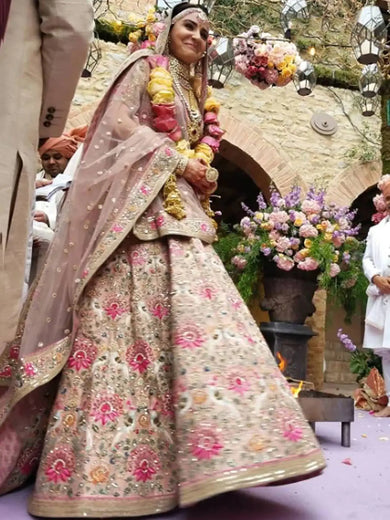 Anushka Sharma Peach Embroidered Taffeta Silk Bridal Wear Lehenga Choli